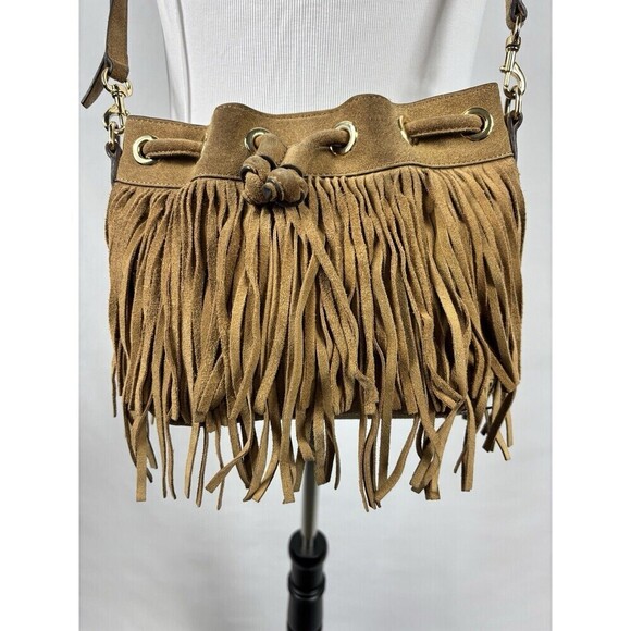 Rebecca Minkoff Fiona Mini Bucket Bag Tan Brown Suede Fringe Crossbody - Picture 3 of 16